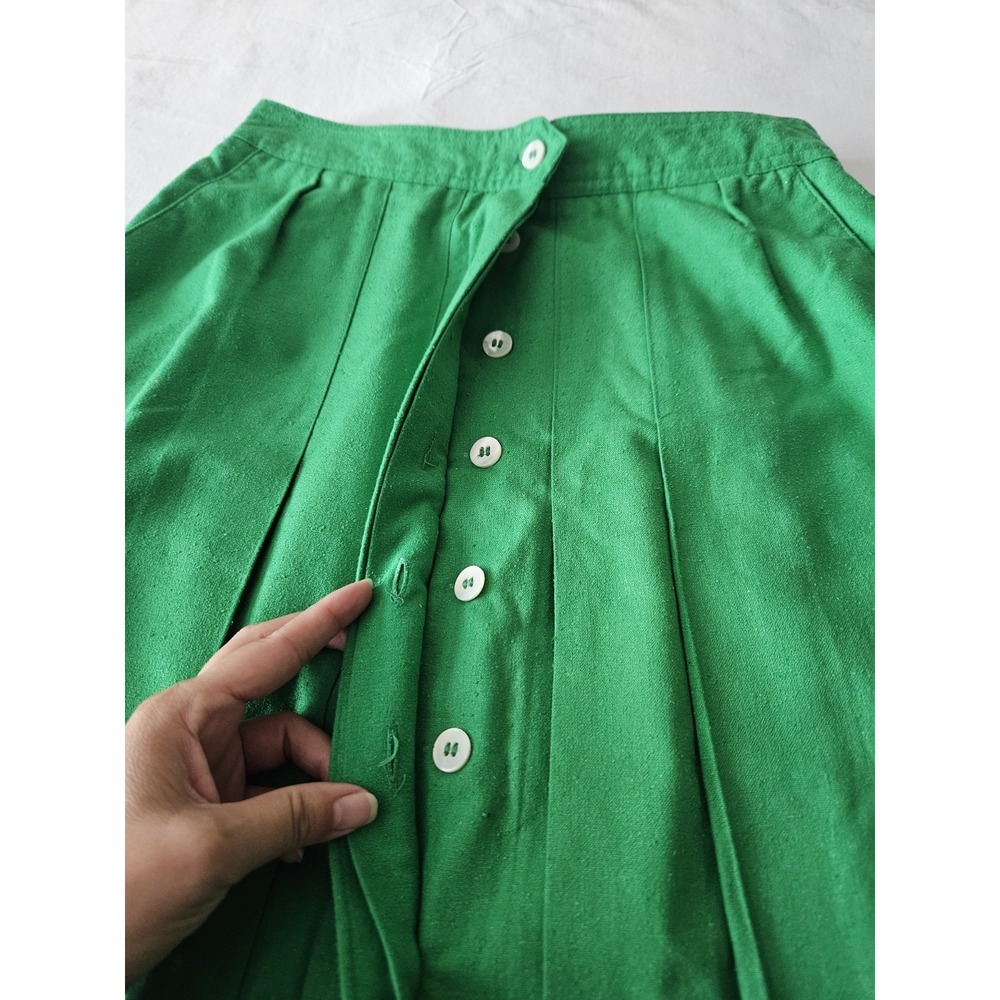 Vtg Liz Claiborne Kelly Green Pleated Hidden Button Silk Midi Skirt 12 - Picture 7 of 16